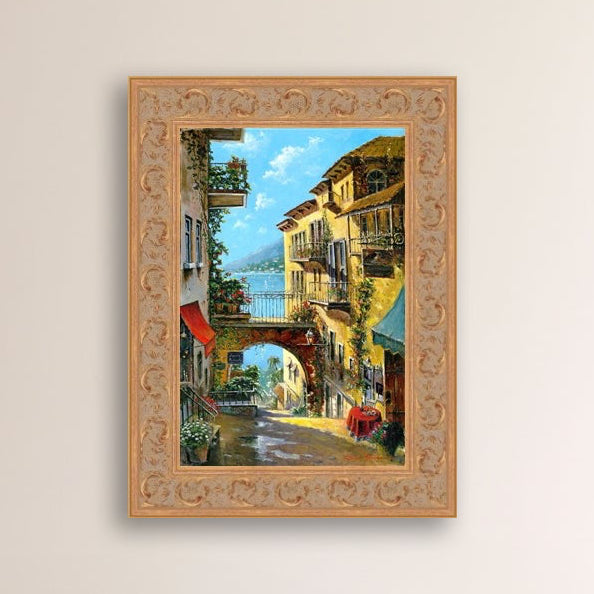 A vibrant canvas print depicting a narrow street with arches and balconies, Lake Como