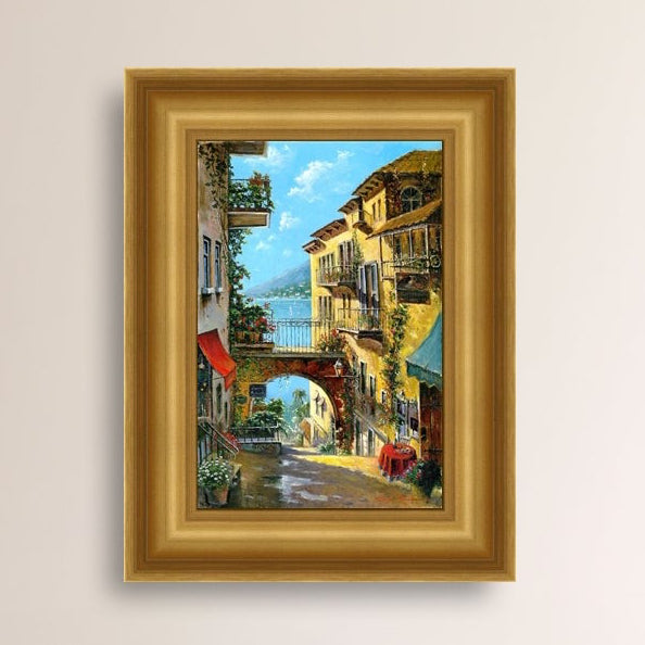 A vibrant canvas print depicting a narrow street with arches and balconies, Lake Como