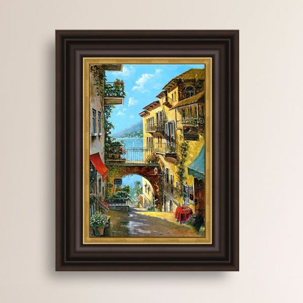 A vibrant canvas print depicting a narrow street with arches and balconies, Lake Como