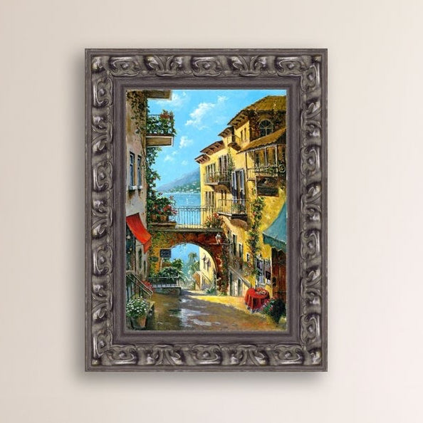 A vibrant canvas print depicting a narrow street with arches and balconies, Lake Como