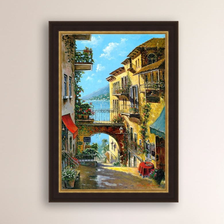 A vibrant canvas print depicting a narrow street with arches and balconies, Lake Como