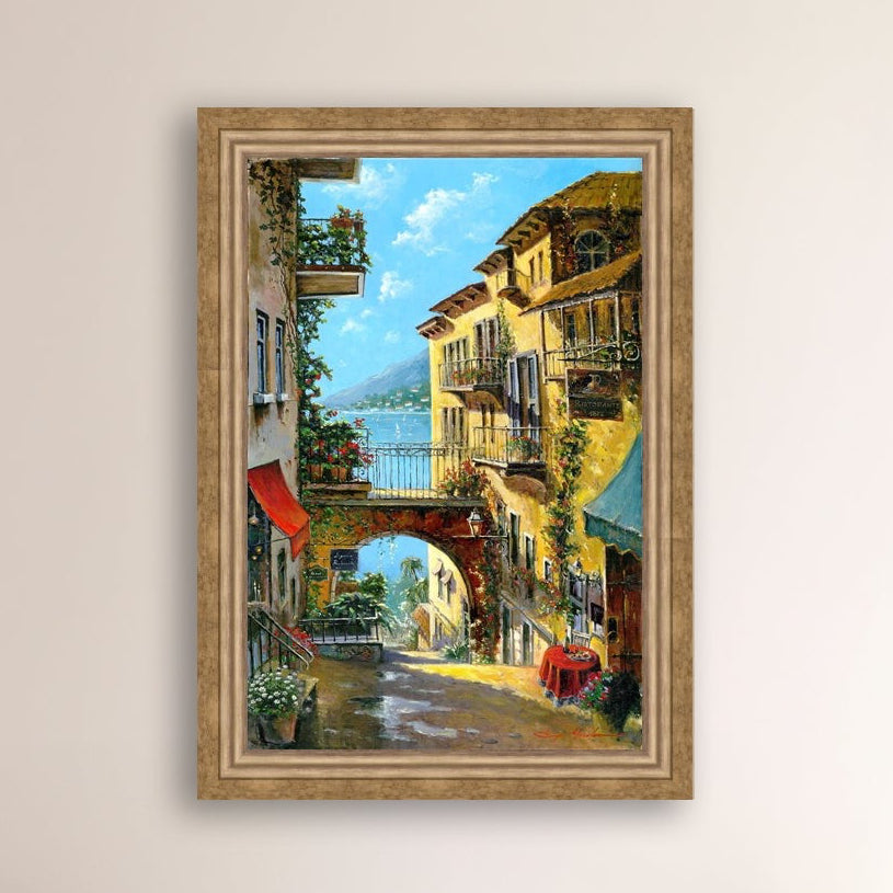 A vibrant canvas print depicting a narrow street with arches and balconies, Lake Como