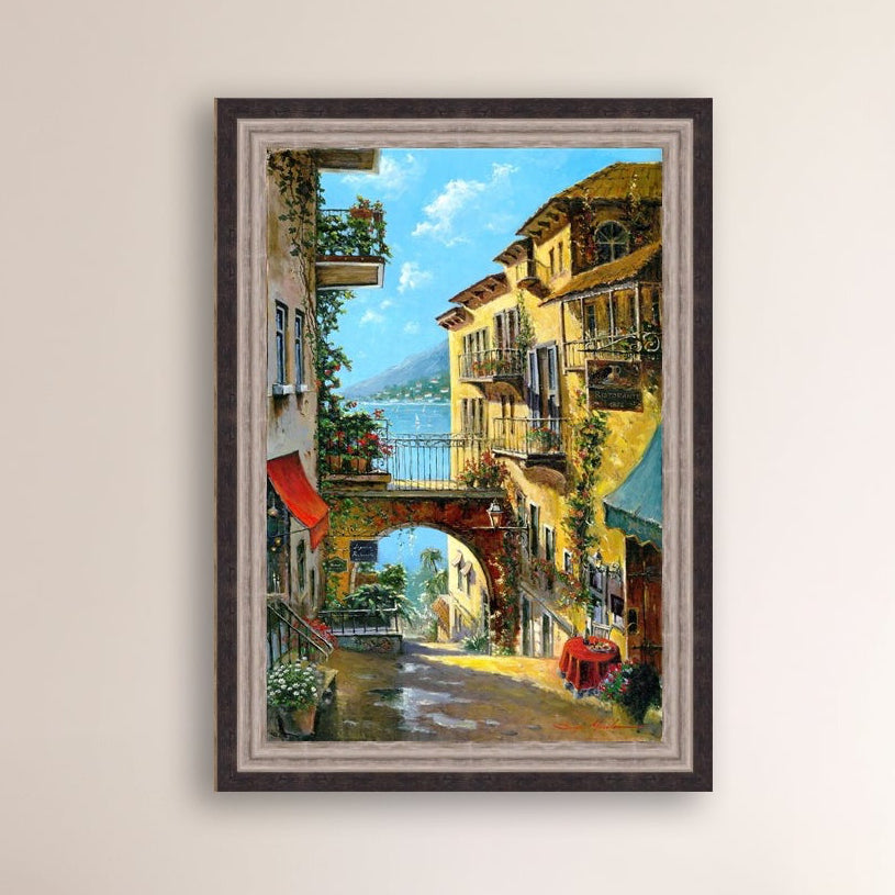 A vibrant canvas print depicting a narrow street with arches and balconies, Lake Como