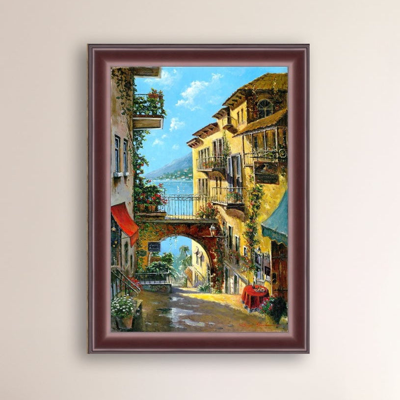 A vibrant canvas print depicting a narrow street with arches and balconies, Lake Como