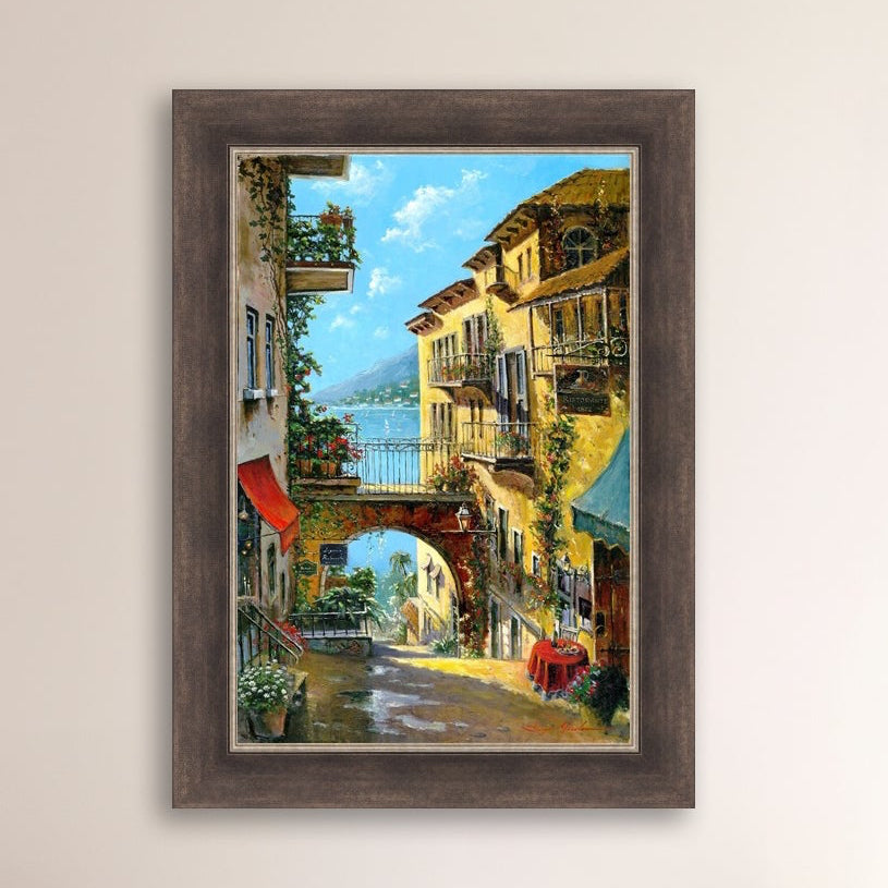 A vibrant canvas print depicting a narrow street with arches and balconies, Lake Como