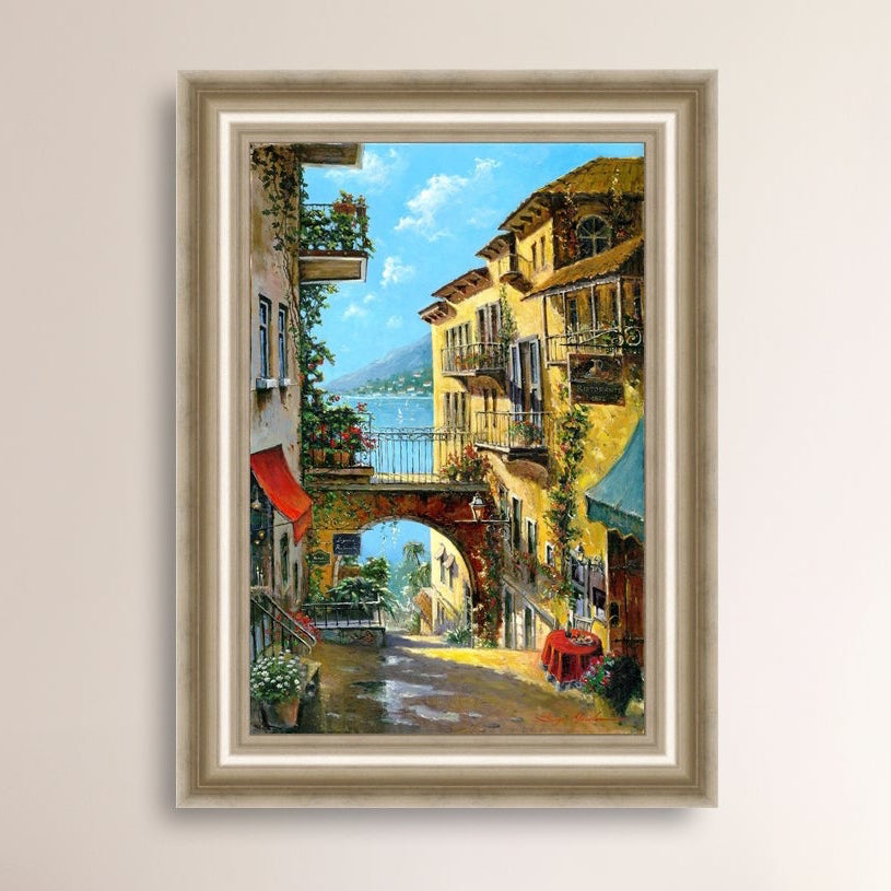 A vibrant canvas print depicting a narrow street with arches and balconies, Lake Como
