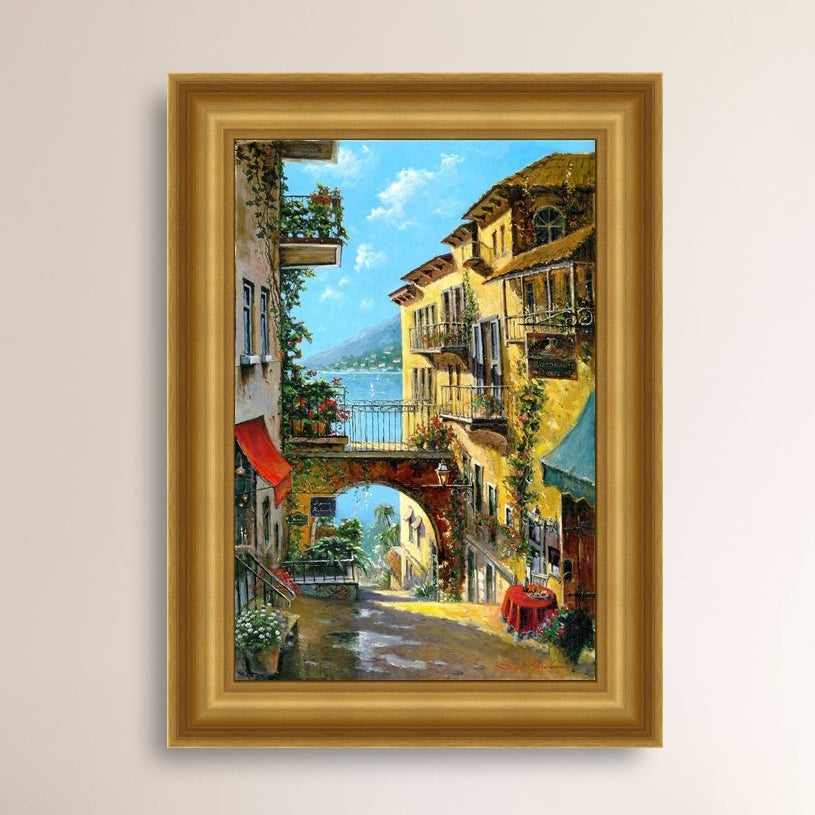 A vibrant canvas print depicting a narrow street with arches and balconies, Lake Como