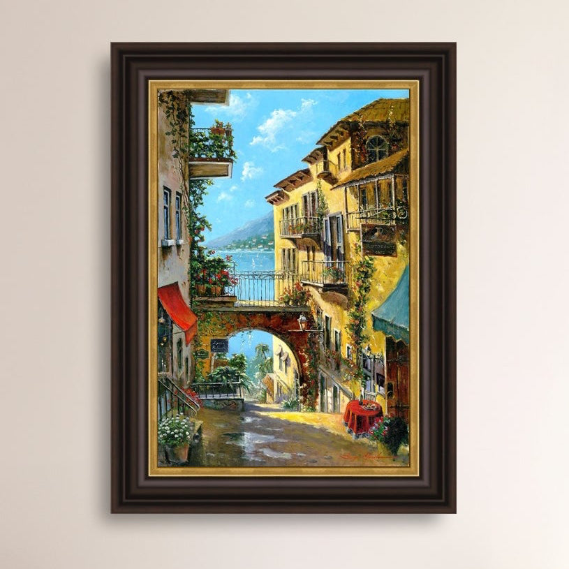 A vibrant canvas print depicting a narrow street with arches and balconies, Lake Como
