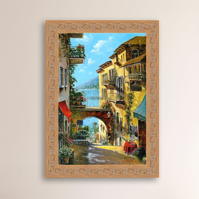 A vibrant canvas print depicting a narrow street with arches and balconies, Lake Como