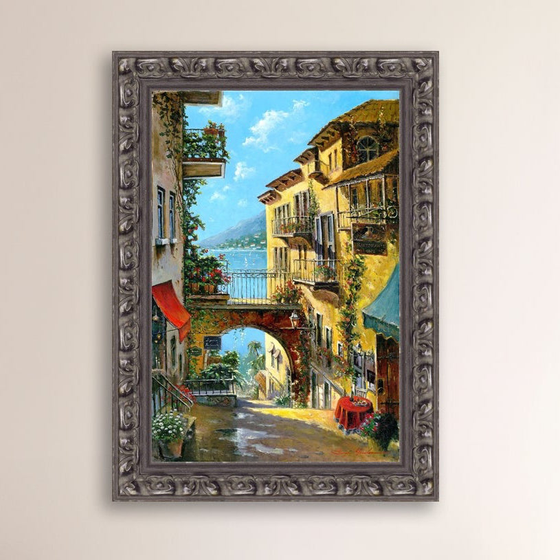 A vibrant canvas print depicting a narrow street with arches and balconies, Lake Como