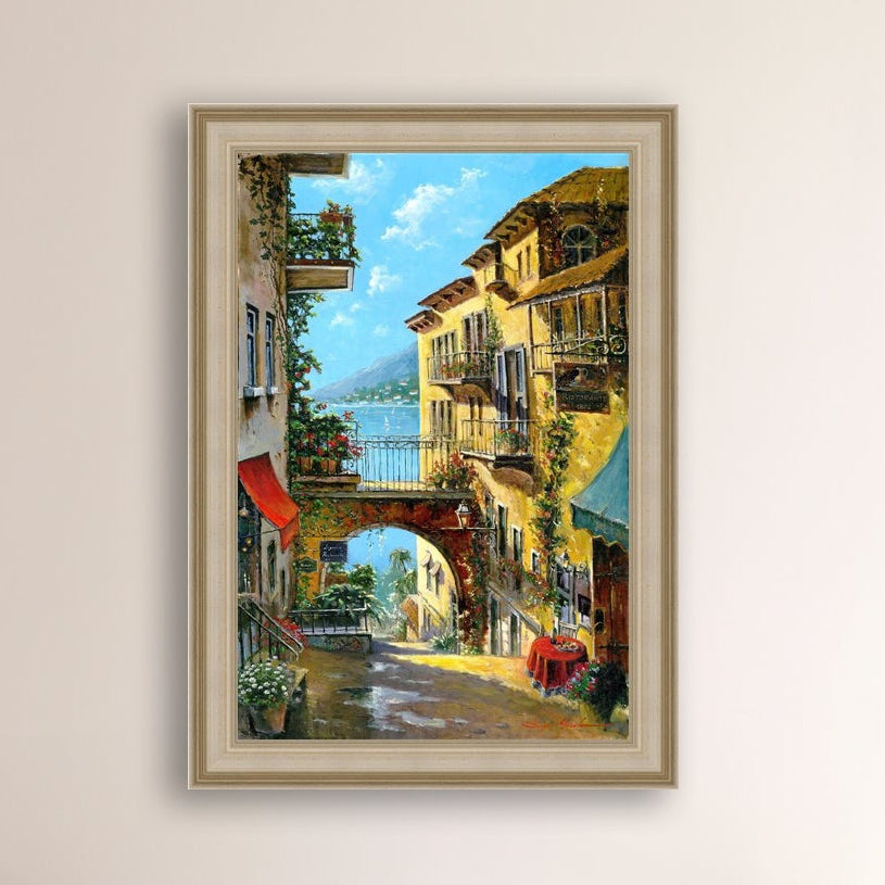A vibrant canvas print depicting a narrow street with arches and balconies, Lake Como