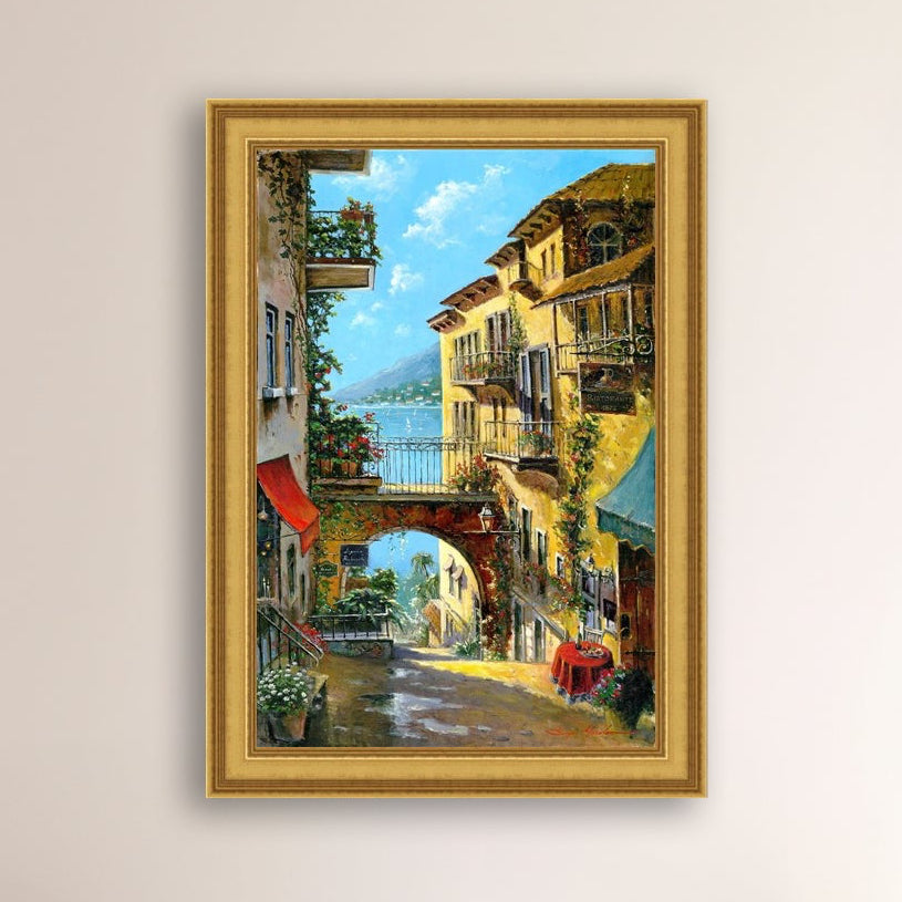 A vibrant canvas print depicting a narrow street with arches and balconies, Lake Como