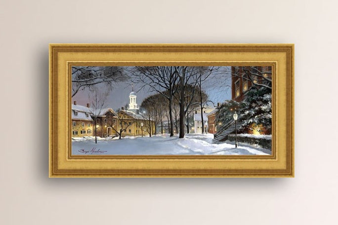 Snowy Winter Night, Moravian Academy scene with Moravian Church and trees.
