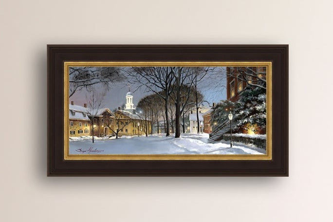 Snowy Winter Night, Moravian Academy scene with Moravian Church and trees.