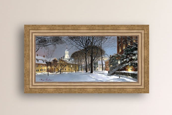 Snowy Winter Night, Moravian Academy scene with Moravian Church and trees.