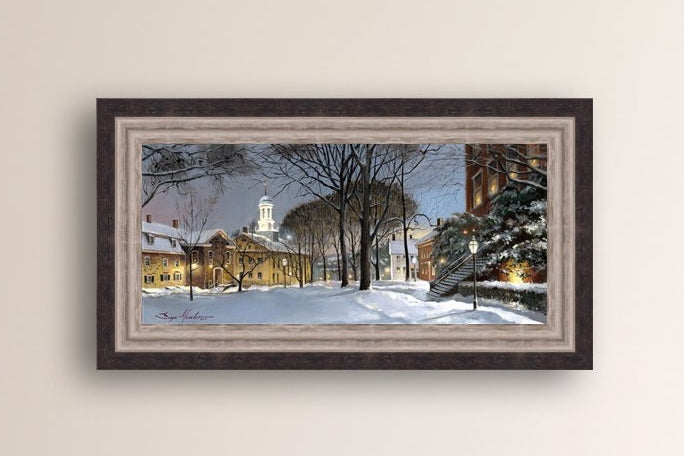 Snowy Winter Night, Moravian Academy scene with Moravian Church and trees.