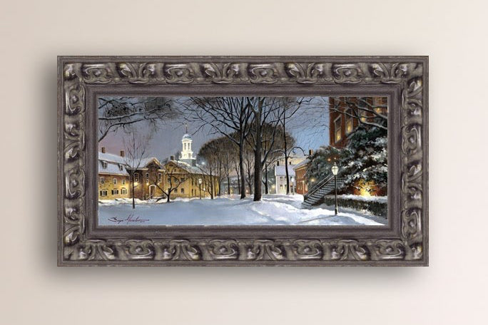 Snowy Winter Night, Moravian Academy scene with Moravian Church and trees.