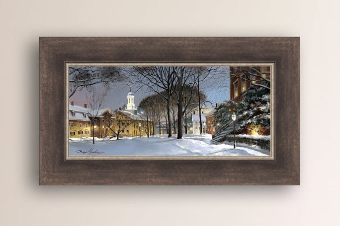 Snowy Winter Night, Moravian Academy scene with Moravian Church and trees.