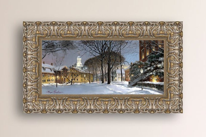 Snowy Winter Night, Moravian Academy scene with Moravian Church and trees.