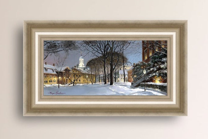 Snowy Winter Night, Moravian Academy scene with Moravian Church and trees.