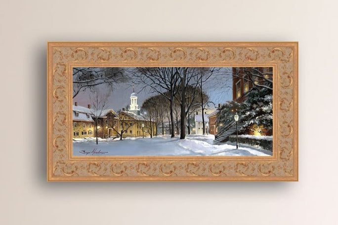 Snowy Winter Night, Moravian Academy scene with Moravian Church and trees.