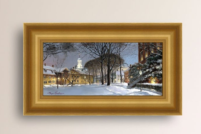 Snowy Winter Night, Moravian Academy scene with Moravian Church and trees.