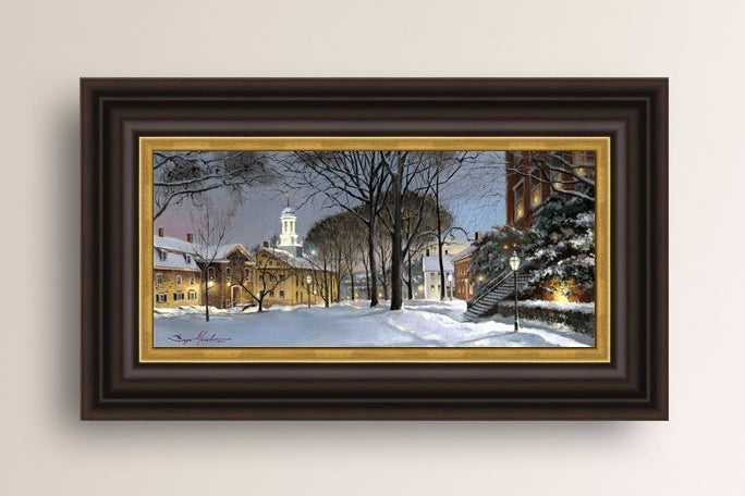 Snowy Winter Night, Moravian Academy scene with Moravian Church and trees.