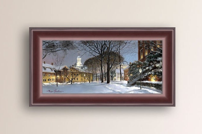 Snowy Winter Night, Moravian Academy scene with Moravian Church and trees.