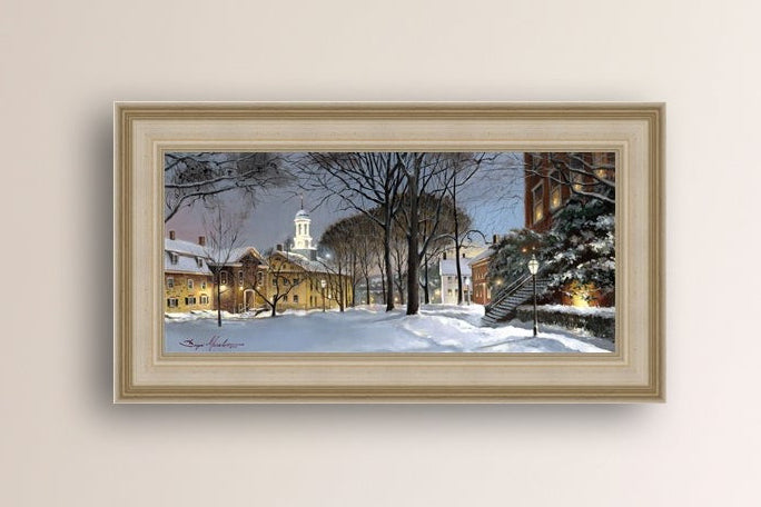 Snowy Winter Night, Moravian Academy scene with Moravian Church and trees.