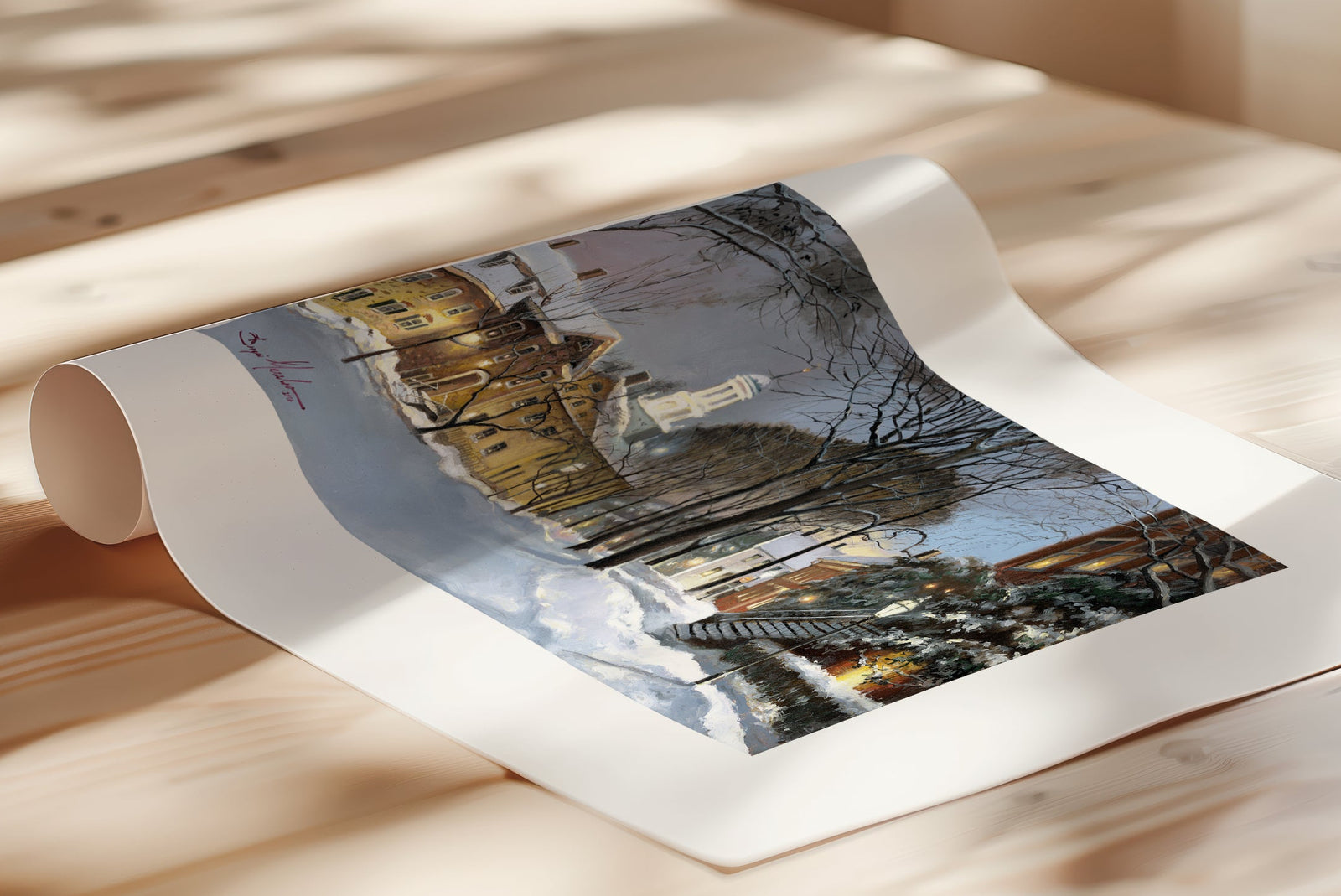 Snowy Winter Night, Moravian Academy scene with Moravian Church and trees.