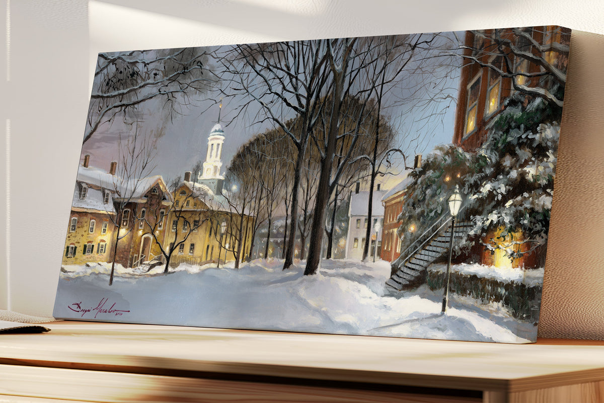 Snowy Winter Night, Moravian Academy scene with Moravian Church and trees.