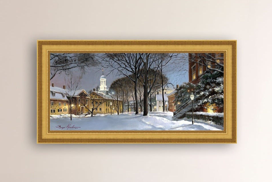 Snowy Winter Night, Moravian Academy scene with Moravian Church and trees.
