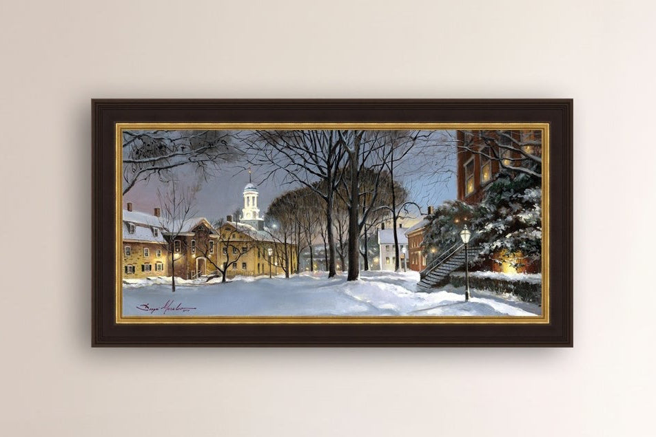 Snowy Winter Night, Moravian Academy scene with Moravian Church and trees.