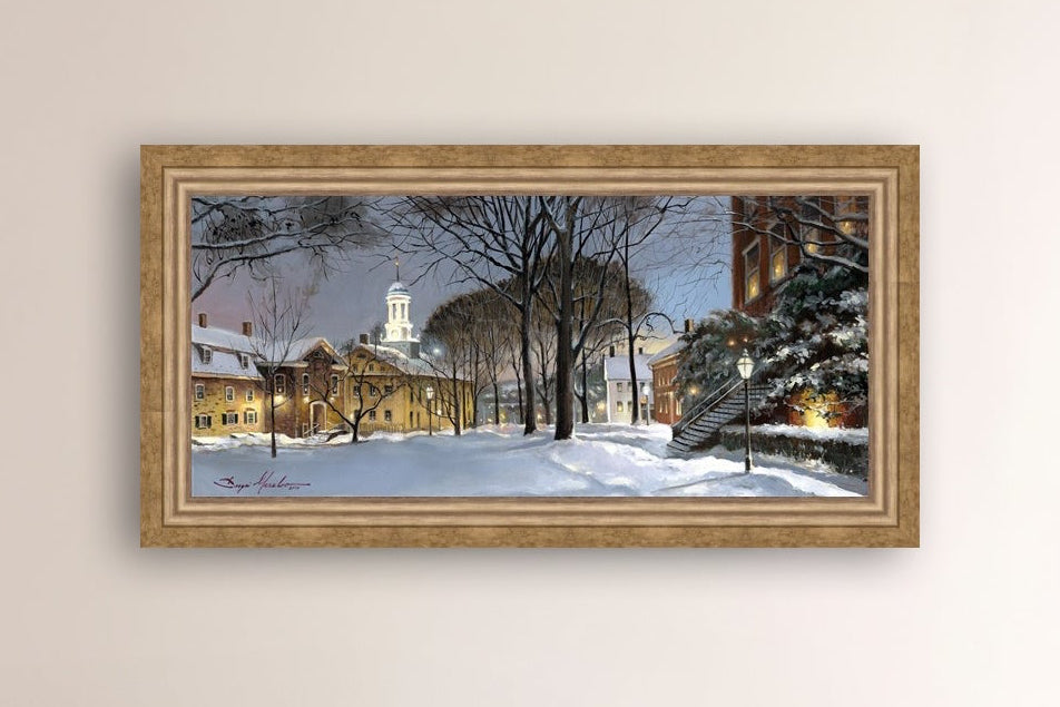 Snowy Winter Night, Moravian Academy scene with Moravian Church and trees.