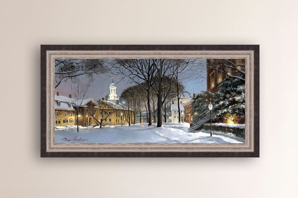 Snowy Winter Night, Moravian Academy scene with Moravian Church and trees.