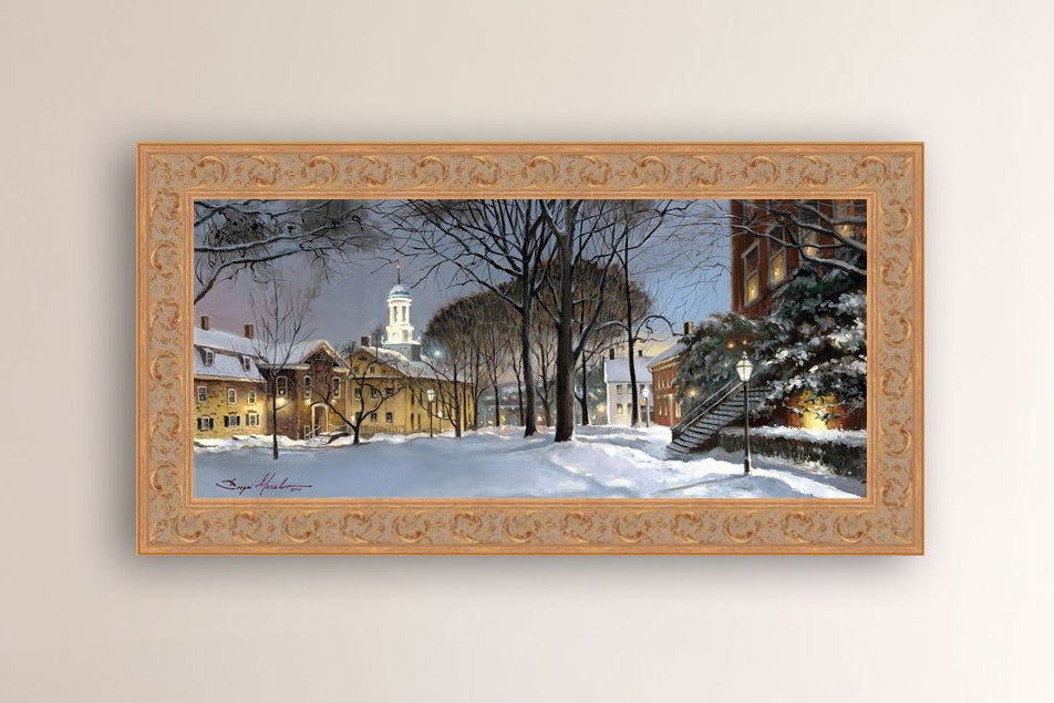 Snowy Winter Night, Moravian Academy scene with Moravian Church and trees.