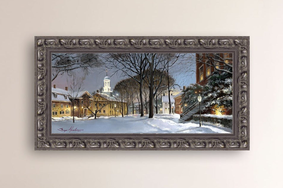 Snowy Winter Night, Moravian Academy scene with Moravian Church and trees.