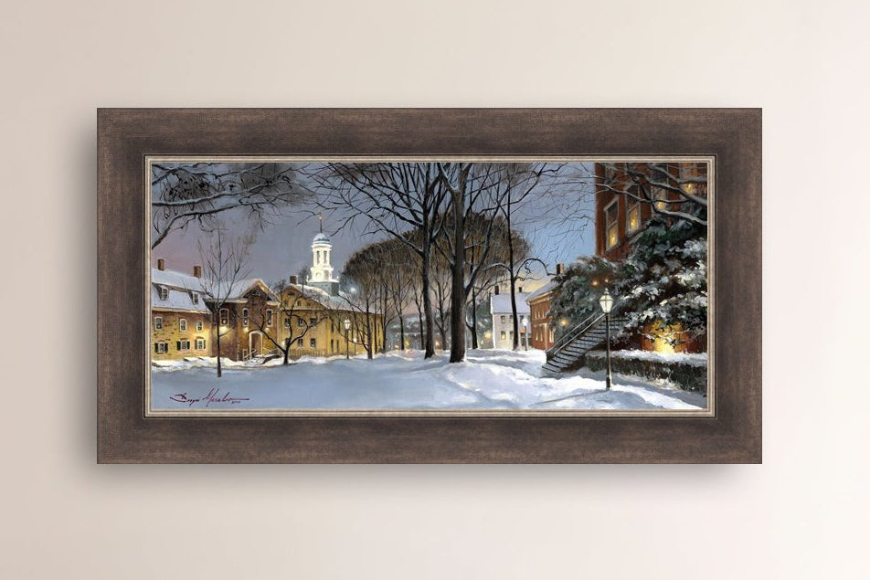 Snowy Winter Night, Moravian Academy scene with Moravian Church and trees.