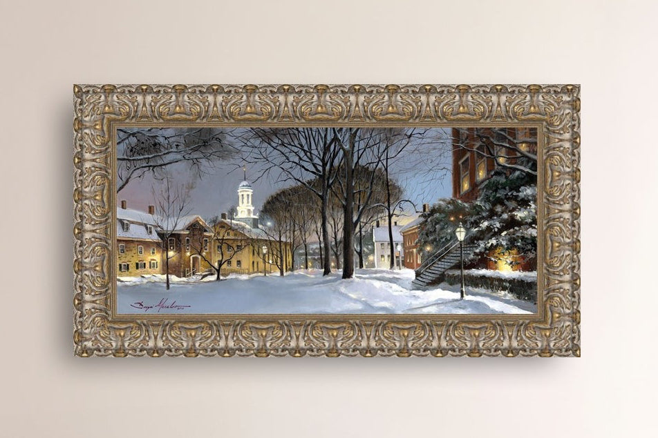 Snowy Winter Night, Moravian Academy scene with Moravian Church and trees.