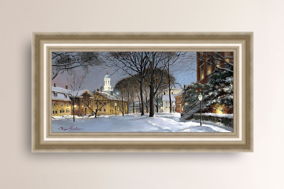 Snowy Winter Night, Moravian Academy scene with Moravian Church and trees.