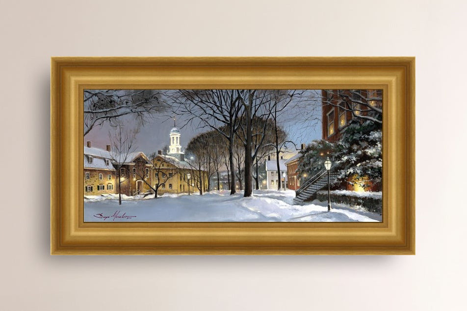 Snowy Winter Night, Moravian Academy scene with Moravian Church and trees.