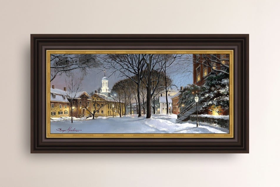 Snowy Winter Night, Moravian Academy scene with Moravian Church and trees.