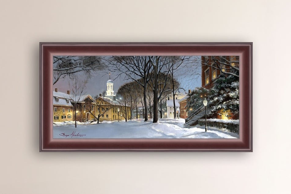 Snowy Winter Night, Moravian Academy scene with Moravian Church and trees.