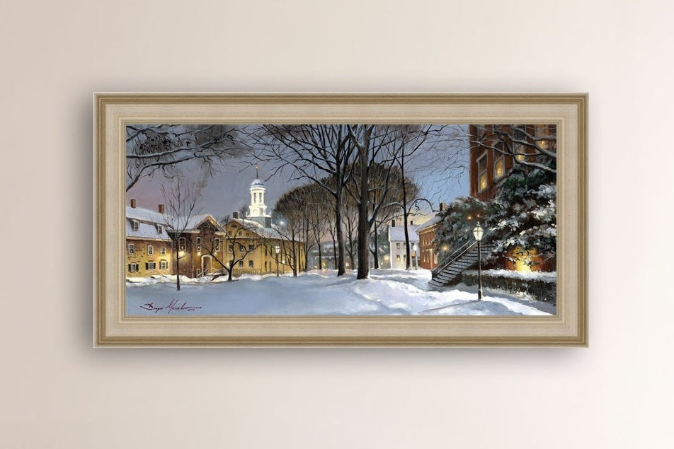 Snowy Winter Night, Moravian Academy scene with Moravian Church and trees.