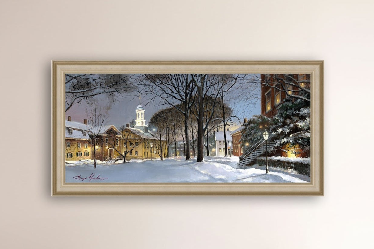 Snowy Winter Night, Moravian Academy scene with Moravian Church and trees.