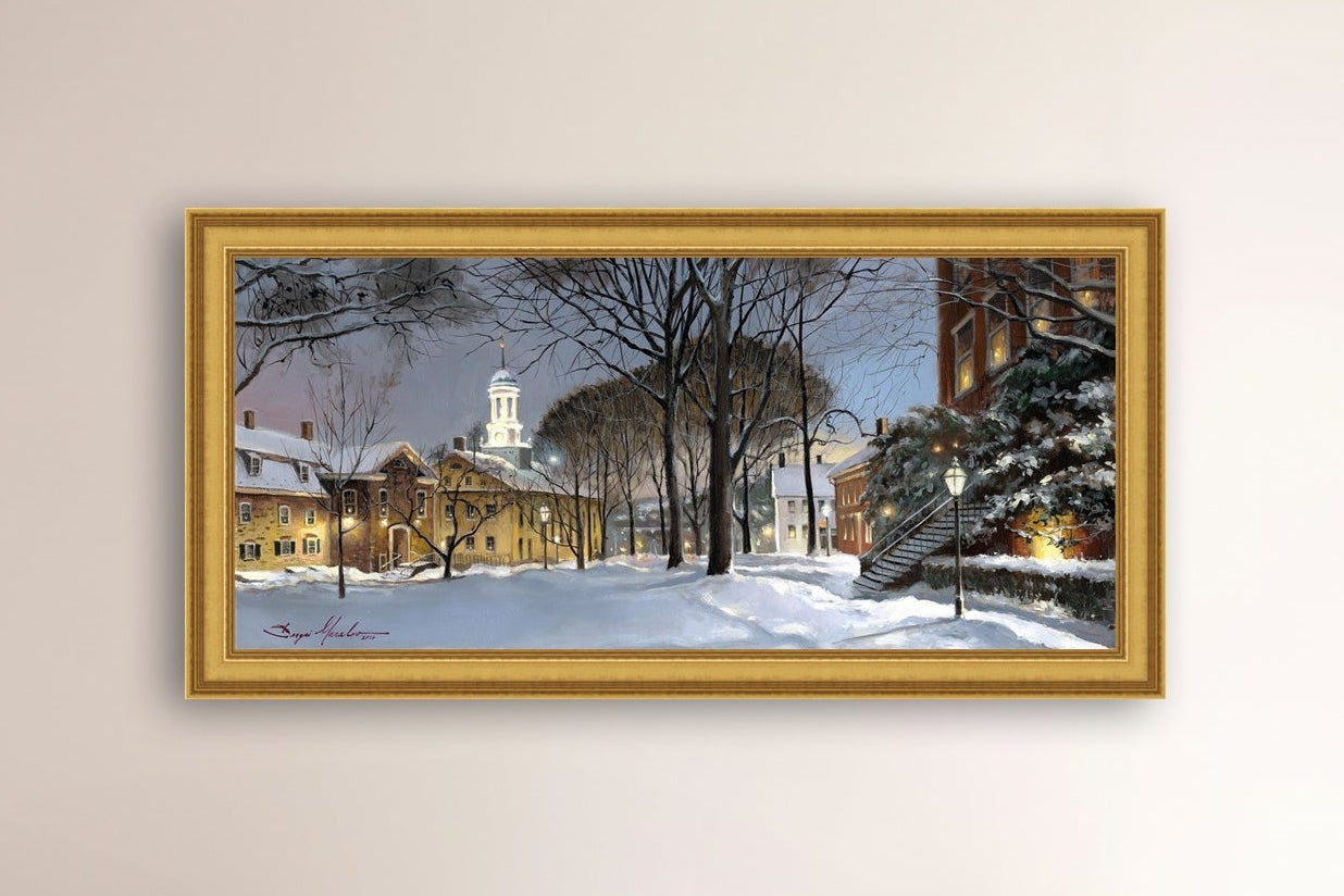 Snowy Winter Night, Moravian Academy scene with Moravian Church and trees.