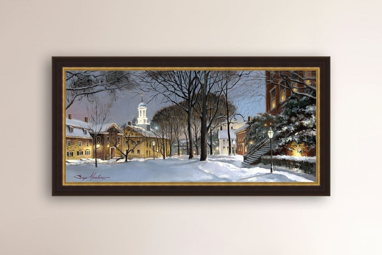Snowy Winter Night, Moravian Academy scene with Moravian Church and trees.