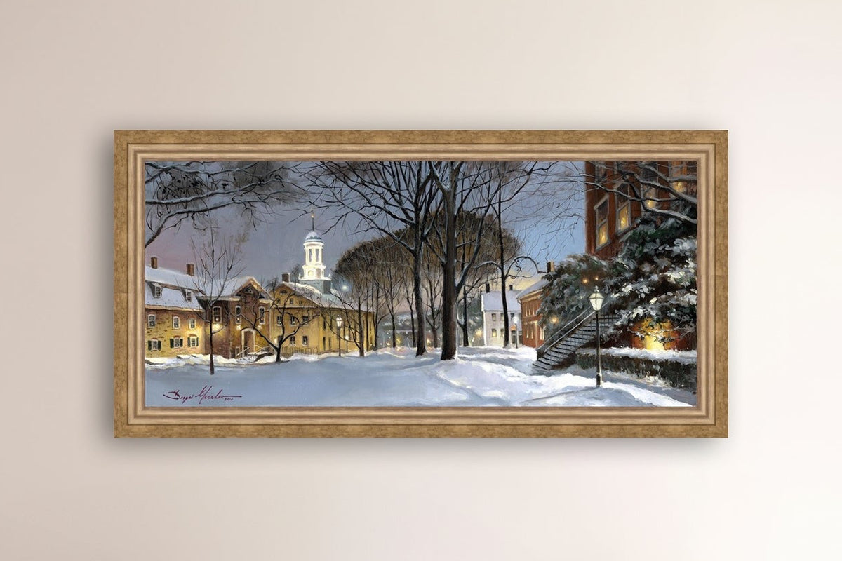Snowy Winter Night, Moravian Academy scene with Moravian Church and trees.