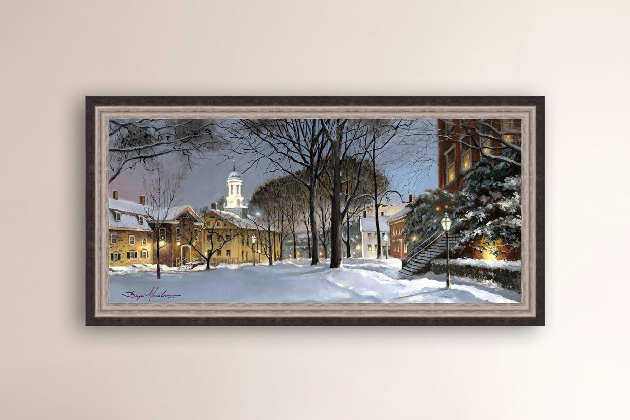 Snowy Winter Night, Moravian Academy scene with Moravian Church and trees.