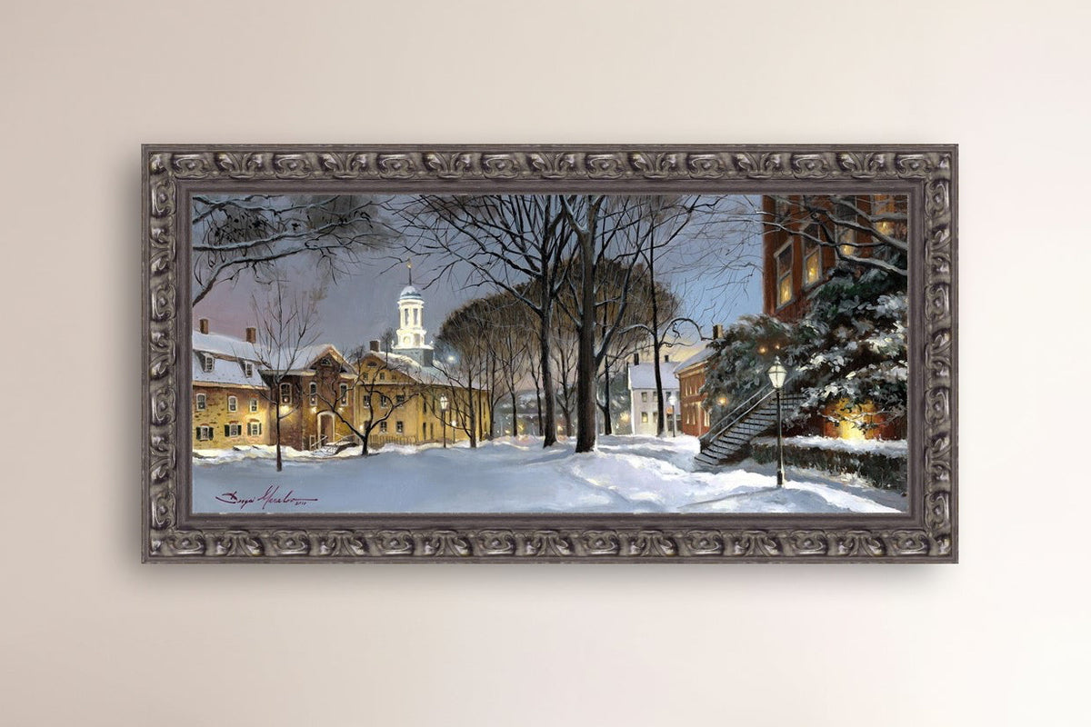 Snowy Winter Night, Moravian Academy scene with Moravian Church and trees.